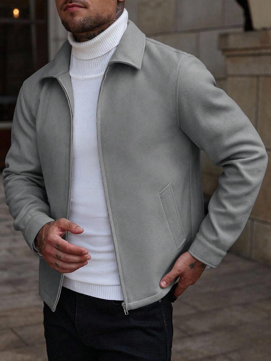 Manfinity CasualCool Men's Casual Solid Color Zipper Front Long Sleeve Overcoat, Autumn Casual Men Grey Overcoat - Grey - View 1