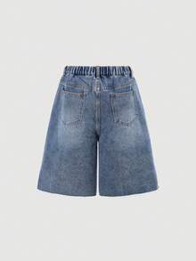 少女新款Y2K复古水洗牛仔短裤，简约设计，饰以水钻，做旧裤脚，弹性腰带可调节松紧，适合休闲、街头风和日常穿着。 - 中等水洗藍 - 查看 2