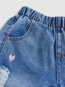 SHEIN Cute Heart Embroidered Loose Fit Distressed Denim Wide Leg Jeans, Suitable For Daily Wear And School - Medium Wash - View 5