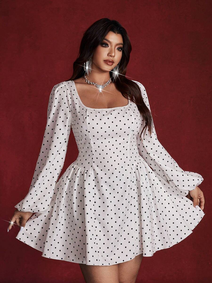 Viva Relle Valentine Plus Size Elegant Party Polka Dot Print Lantern Sleeve Dress - Apricot - View 1