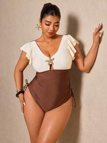 Elaquor Plus Size Colorblock Starfish Decor One-Piece Swimsuit, Vacation & Beach Spring Outfit Women/Spring Break Outfits/Spring Clothing - Coffee Brown - View 6