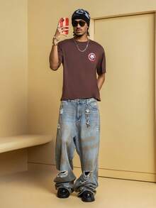 Felix The Cat X SHEIN Men's Letter & Cartoon Graphic Round Neck Short Sleeve T-Shirt - Brown - View 3