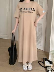 SHEIN 少女休闲字母印花连衣裙，返校季，日常穿着 - 杏色 - 查看 5