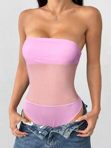 SHEIN EZwear Women's Sleeveless Bodysuit With Sheer Mesh Panels, Fitted Silhouette In Light Pink - Baby Pink - View 4