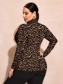 SHEIN SXY Plus Size Women Leopard Print Turtleneck Fitted T-Shirt, Casual & Minimalist, Spring/Autumn Cheetah Top Turtle Neck Animal Spring Fall - Multicolor - View 3