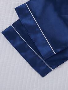 Teen Boys Pajamas-2 Piece Pajama Set Navy Blue Piped Collar Long Sleeve Button Top With Chest Pocket Elastic Waist Straight Long Pants Home Sleep Loungewear Relaxed Fit Four Seasons 2026 New Year Holiday Essential Gift - Royal Blue - View 7