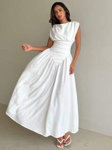 Aloruh Women's Spring/Summer New White Elegant Soft Artistic Elegant Fashionable Pleated Waist Flared Dress - White - View 5