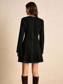 Poéselle 新款复古时尚纽扣腰牛仔连衣裙，长袖连衣裙，女士冬季连衣裙 - 黑色 - 查看 2