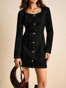 Poéselle 新款复古时尚纽扣腰牛仔连衣裙，长袖连衣裙，女士冬季连衣裙 - 黑色 - 查看 7