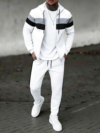 Manfinity CasualCool 男士秋冬撞色连帽卫衣+抽绳腰运动裤，浅灰色拼接，休闲百搭，适合室内外穿着