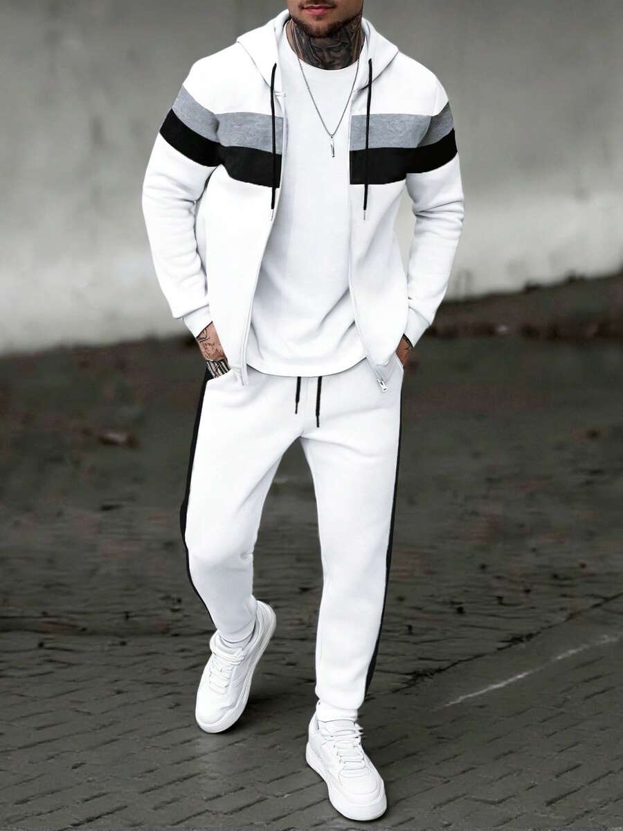 Manfinity CasualCool 男士秋冬撞色连帽卫衣+抽绳腰运动裤,浅灰色拼接,休闲百搭,适合室内外穿着。男士运动套装,男士运动服套装,男士灰白套装,男士两件套,白色男士慢跑服,休闲运动服,日常休闲、周末旅行、户外活动、探险旅行、轻松的工作环境或半正式场合,男友/老公礼物,周年纪念礼物 - 白色 - 查看 1