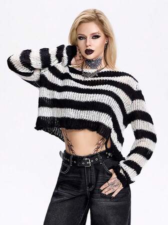 Breakform Punk Knitwear Goth Knitwear Women's All-Match Minimalist Fashion Versatile Striped Distressed Cropped Long Sleeve Sweater