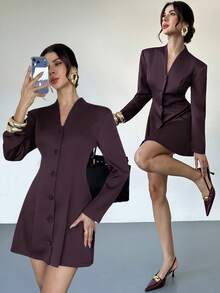 Firerie Women's Dark Purple Elegant Blazer Dress,Autumn A-Line Casual Business Commuter Dress,Fitted Silhouette Cocktail Party Wedding Guest Date Dresses - Apricot - View 8