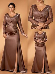 Serin 大码优雅浪漫香槟色深V奢华亮片拼接高弹力褶皱腰部美人鱼裙摆开衩连衣裙，适合婚礼、派对、庆典、正式晚宴（重工装饰设计） - 香檳色 - 查看 6