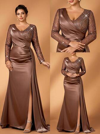 Serin Plus Size Elegant Romantic Champagne Deep V Luxury Sequin Patchwork High Stretch Ruched Waist Mermaid Hem Slit Dress, Suitable For Wedding, Party, Celebration, Formal Gala (Heavily Embellished Design)