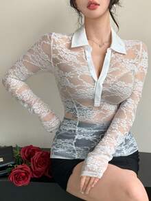 DAZY Women's Solid Color Lace Mesh Slim Fit Long Sleeve Collared Elegant Formal Blouse, Spring/Autumn - White - View 6