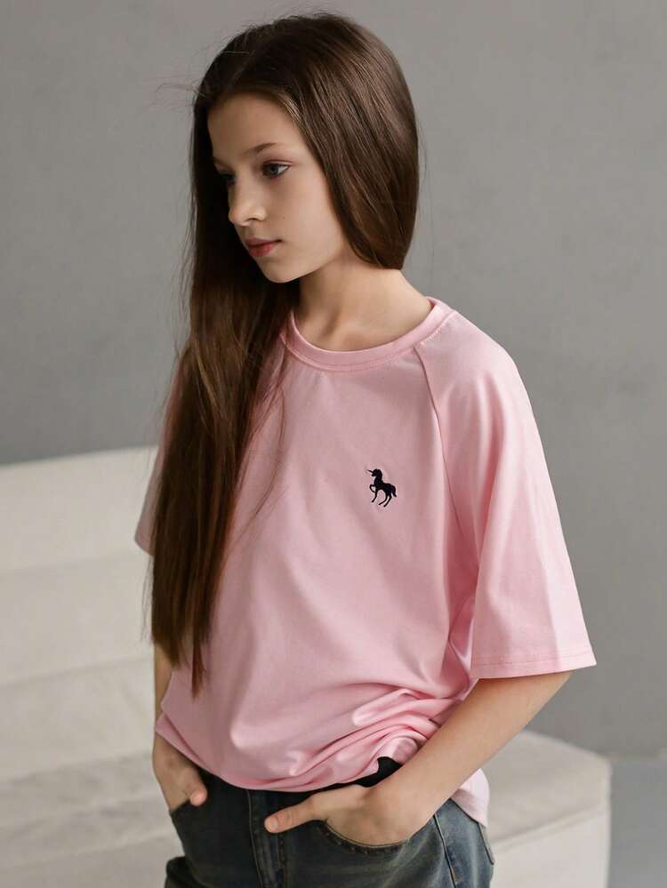 Tween Girls Embroidered Crew Neck 2 Pieces Knit T-Shirt Set, Fall Spring Summer