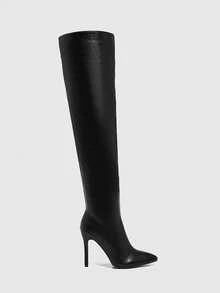 Daringsoles Women's Pointed Toe Pleated Side Zipper Design Fashionable Elegant High Heel Over-The-Knee Boots Valentine's Day - Black - View 6