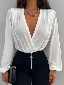 EURMUSE Wrap Front Bishop Sleeve Blouse - trắng - Xem 6