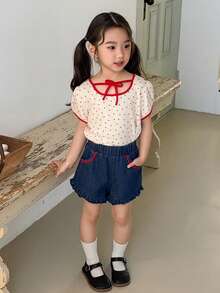 DAZY Young Girls Round Neck Polka Dot Tie Casual Short Sleeve T-Shirt, Fall - Beige - View 7