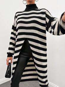 EURMUSE 條紋圖案落肩袖下擺開叉套頭毛衣 - 黑色 - 查看 5