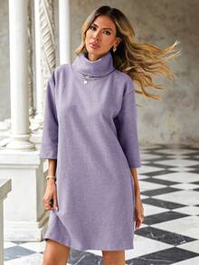 EURMUSE Women's Solid Color High Neck Drop Shoulder Sweater Dress - Lilac Purple - View 3