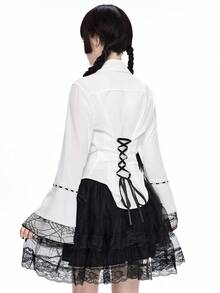 ROMWE Goth Blusa ajustada de mujer con volantes y encaje de tela de araña gótica - Blanco - Ver 4