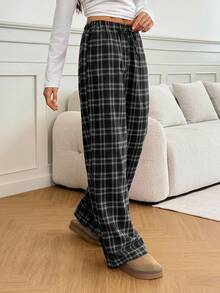 SHEIN Tall Women's Belted Plaid Straight Leg Loose Casual Pants Lounge Pants - Black and White - View 7