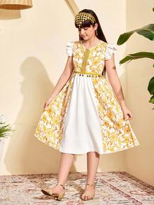 Sparklyn Tween Girl Traditional Arabic Clothing Elegant Metallic Floral Beaded Lace Trim Round Neck Cap Sleeve Dress, Suitable For Daily Gatherings, Parties, Formal Occasions - Yellow - View 4