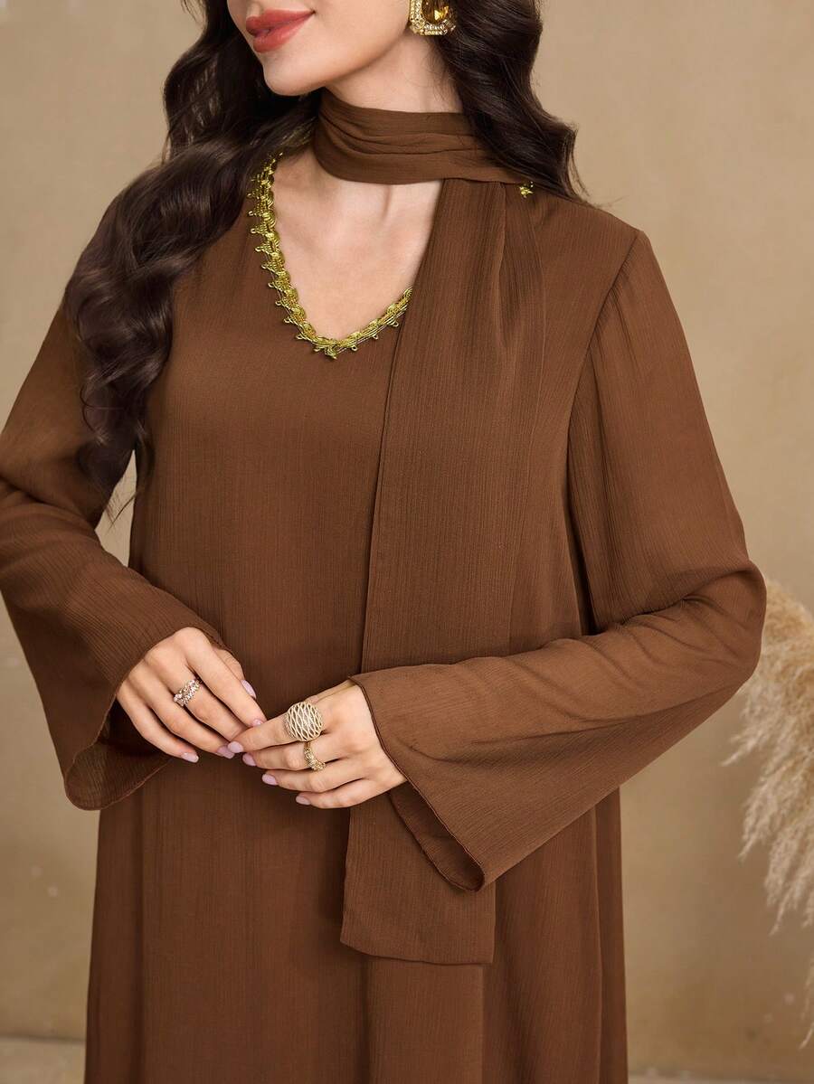 Al Najma Women's V-Neck Ruffle Scarf Decor Elegant Long Arabic Dress - Brown - View 1