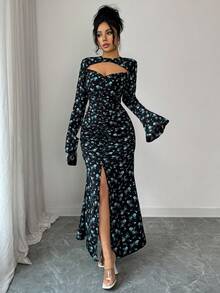 SHEIN Raffinéa Đầm dài tay thanh lịch cổ khoét eo xếp ly xẻ tà dành cho nữ - màu đen - Xem 4