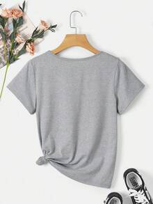INAWLY Solid V Neck Tee - Grey - View 2