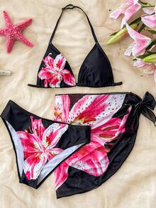 SHEIN Teen Girls' Floral Print Bikini 3 PiecesSwimsuit Set, Casual Beach Vacation - Black - View 9
