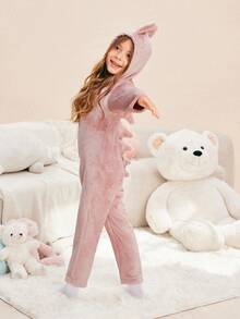 年轻女孩简约时尚粉色恐龙毛绒长袖连帽连体裤舒适保暖家居服 - 粉色 - 查看 6