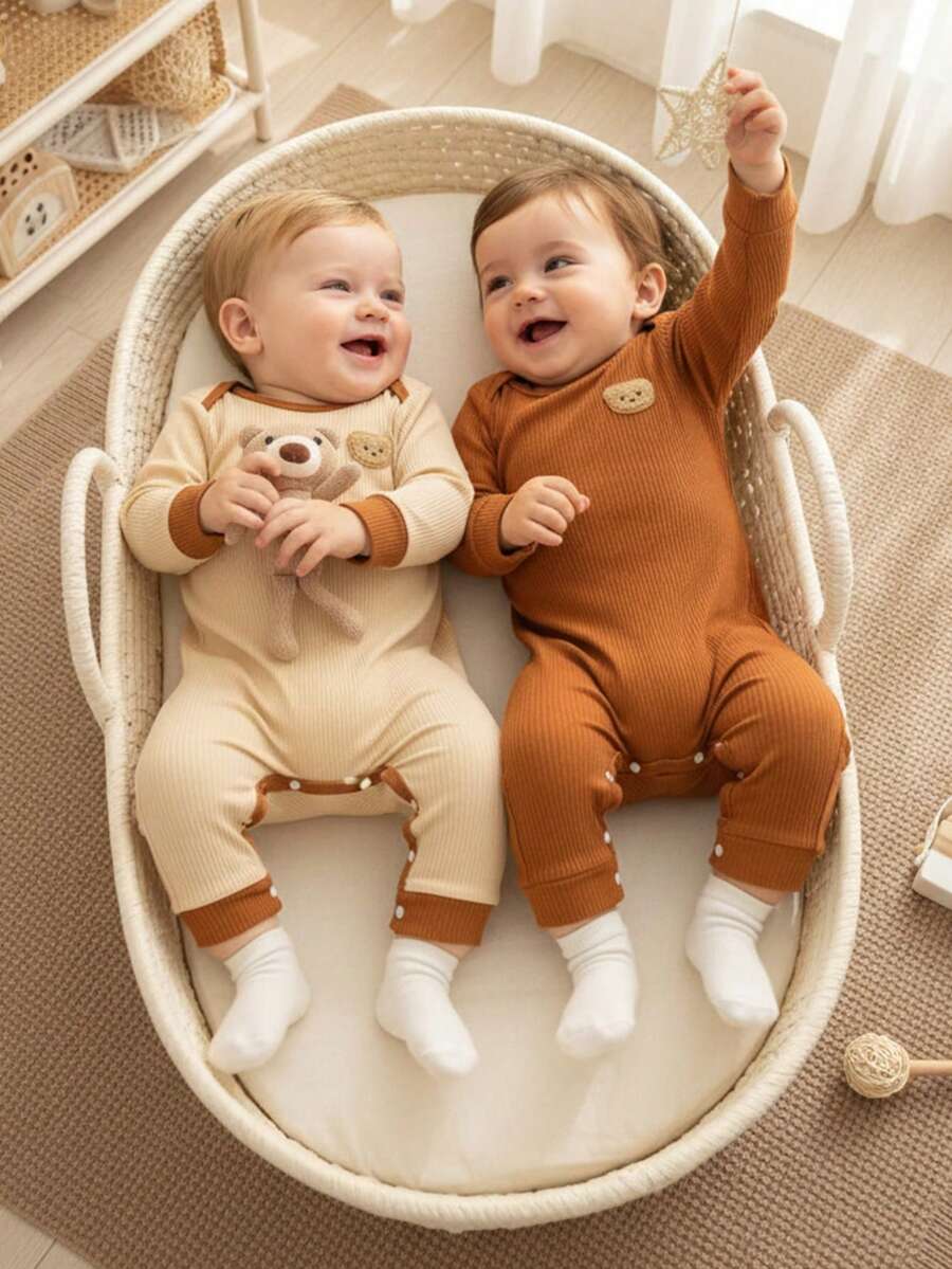 Souflis Souflis Bộ 2 món/Bộ đồ liền thân dệt kim dài tay họa tiết gấu dễ thương phong cách Pháp cổ điển, thích hợp mặc ở nhà, chơi và nhiều dịp khác nhau, dành cho bé trai - Nhiều màu - Xem 1