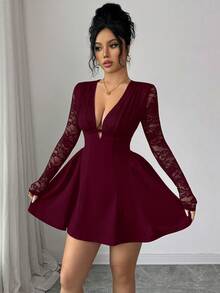 Rafferiza 优雅黑色蕾丝拼接针织面料弹力深V领长袖修身迷你连衣裙，适合单身派对、舞会等场合。 - 酒紅色 - 查看 3