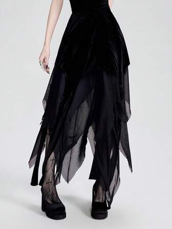 Breakform Women's Gothic Vintage Velvet Patchwork Asymmetric High-Low Elastic Waist Maxi Skirt, Suitable For Outings, Parties, And Holiday Events