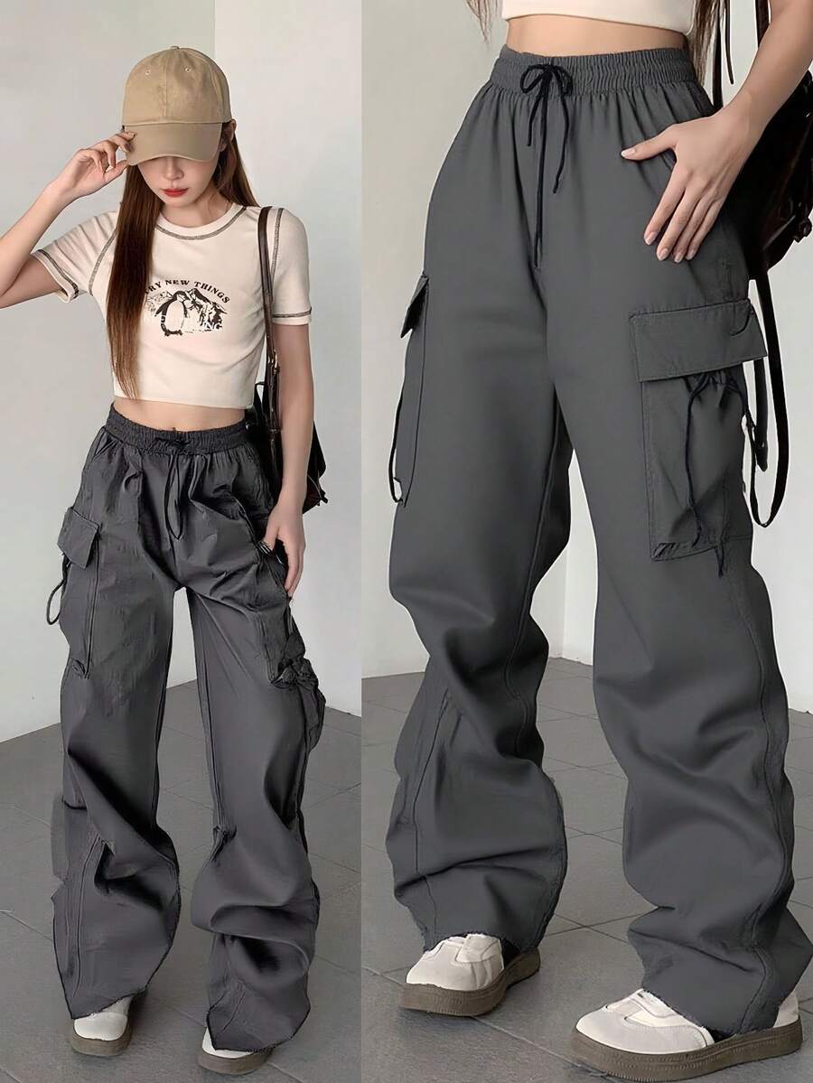 Pantalones cargo de pierna ancha con cintura de cordón en unicolor, tipo paracaídas, para mujeres - Gris 2 - Ver 1