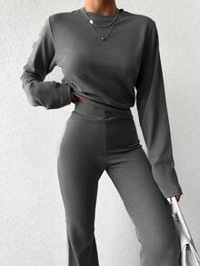 EURMUSE Solid Tee & Flare Leg Pants - Grey - View 5