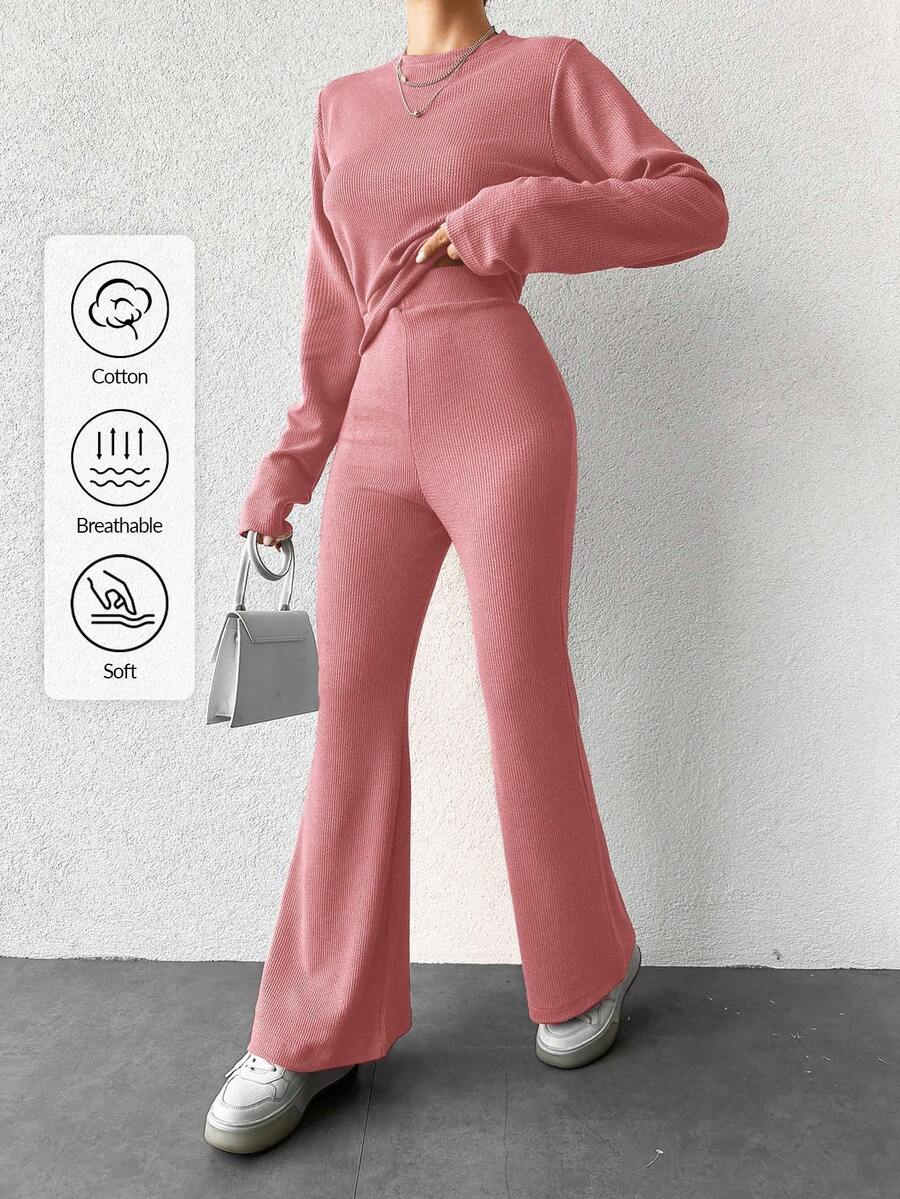 EURMUSE Ladies' Solid Color Long Sleeve Top And Pants Set - Pink - View 1
