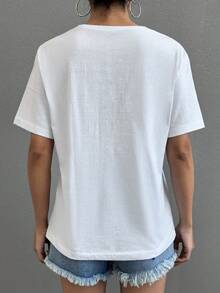 EURMUSE Cotton T-Shirt With Flower Embroidery, Round Collar - White - View 2