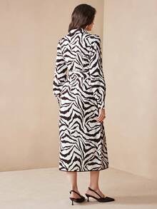 Arave 女士复古条纹翻领衬衫裙，收腰设计，优雅派对礼服 - 黑與白 - 查看 3