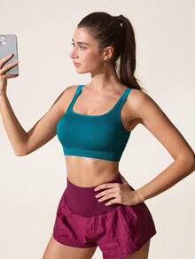 SHEIN Sports 女士简约纯色罗纹无缝镂空后背运动文胸 - 墨綠色 - 查看 4