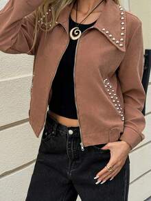Siren Gaze Women's Casual Fashion Street Suede Rivet Decor Zip-Up Denim Jacket, Autumn Brown - Brown - View 4