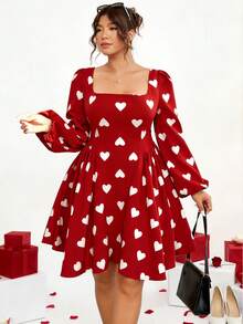 Vionelle 大码女式心形领口露腰褶边连衣裙 可爱连衣裙 女式休闲连衣裙 心形印花连衣裙 红色连衣裙 女式心形连衣裙 - 紅色 - 查看 4