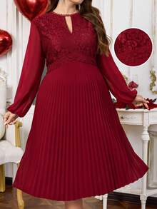 EMERY ROSE Plus Size Elegant Solid Color Contrast Lace Pleated Hem Dress, Autumn Valentine's Day Outfit Burgundy Plus Size Dress Pleated Dress Wedding Party Dress Fasching Women Costume  Valentine Outfits For Women Spring To Summer Mother Of The Bride Dress Plus Size - Burgundy - View 2