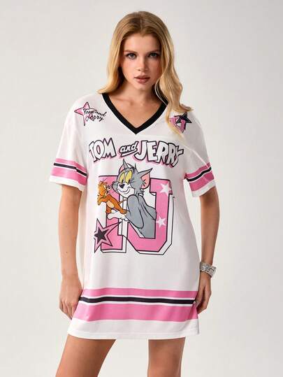 TOM & JERRY X SHEIN Women's V-Neck Letter & Cartoon Print Short Sleeve Short Tee Dress