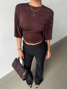 Aloruh Women's Round Neck Batwing Sleeve Ruched Cropped T-Shirt - Coffee Brown - View 3