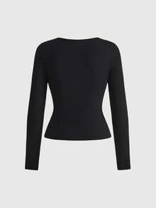 ROMWE Grunge Punk Plus Size Punk Metal Grommet Design Fitted Long Sleeve T-Shirt - Black - View 2
