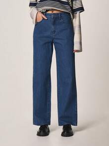 MISSGUIDED 经典高腰直筒阔腿牛仔裤，中度水洗棉质牛仔裤，适合秋冬季日常休闲穿着。 - 藍色 - 查看 1